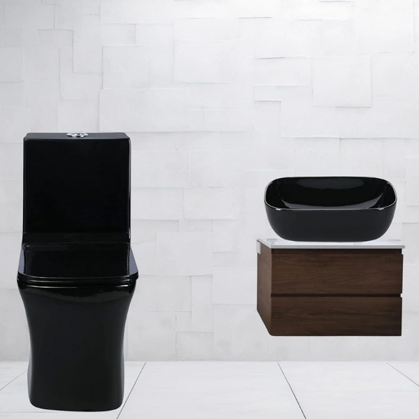 KrissKross Premium One Piece Ceramic Western Toilet/Table top Wash Basin/Floor Mount Commode European Commode for Toilet/Wash Basin for Bathroom/European Commode Glossy Finish - S Trap (Combo, Black)