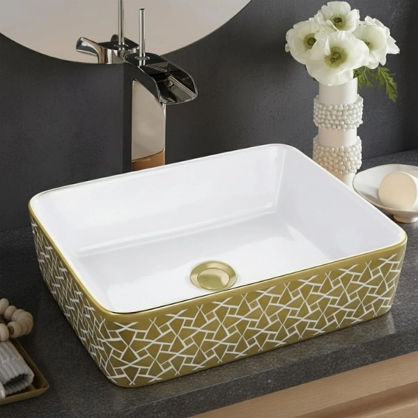 KrissKross Table top Wash Basin/Glossy Finish/Counter top/Table top Bathroom Sink/Gold Abstract Color For Bathroom & Living Room- Quebec