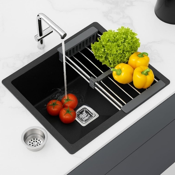Kriss Kross Quartz Kitchen Sink 18 x 16, Single Bowl Basin with Drainer & Steel Strainer (Black)