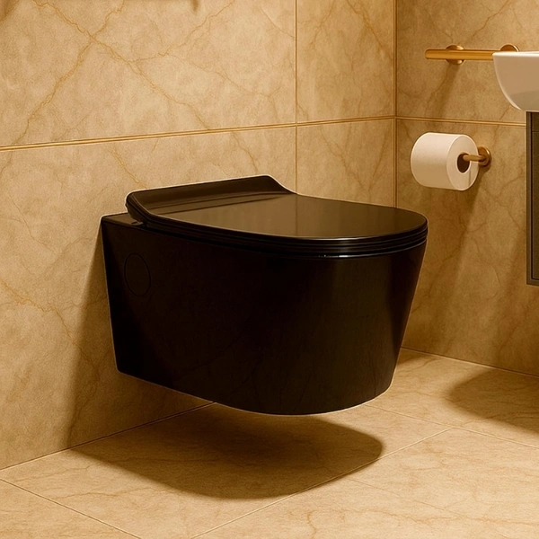 KrissKross Rimless Wall‑Hung Western Commode, P‑Trap, Soft‑Close Quick‑Release Seat, Matte Black Ceramic, Hygienic Washdown Flush, Concealed Cistern