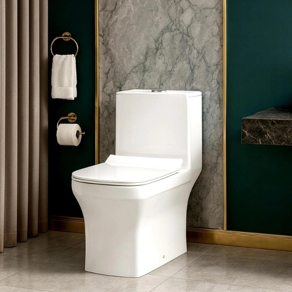 KrissKross Premium Western Floor Mounted One Piece Commode Water Closet Ceramic Western Toilet/European Commode Square With Soft Close Seat Cover For Lavatory, Toilets (P-Trap Outlet Is From Wall)