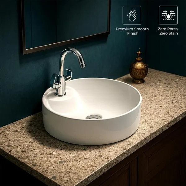 KrissKross Round Countertop Ceramic Wash Basin, Vessel Sink with Tap-Deck, Above-Counter Mount, Gloss White, Easy-Clean, Single-Tap Compatible