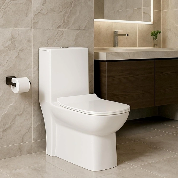 KrissKross Premium Rimless Floor Mounted One Piece Water Closet Ceramic Western Toilet/Commode With Soft Close Seat Cover For Lavatory, Toilets S-Trap Outlet Is From Floor (White)