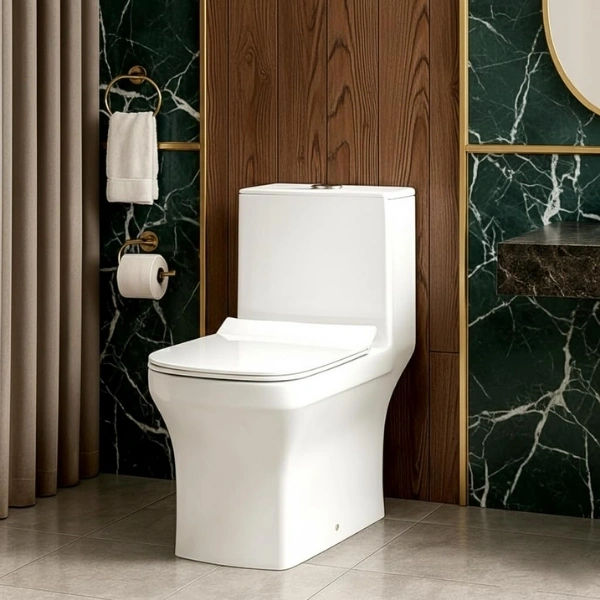 KrissKross Premium Western Floor Mounted One Piece Water Closet Ceramic Western Toilet/Commode/European Commode Square With Soft Close Seat Cover For Lavatory, Toilets (S-Trap Outlet Is From Floor)