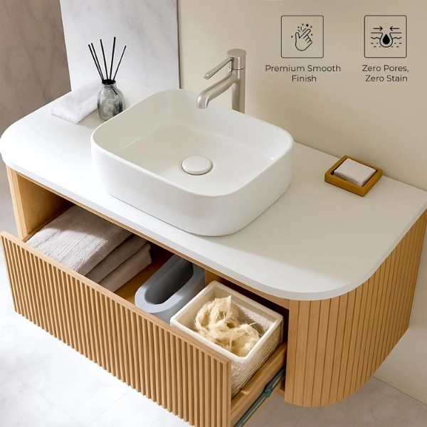 KrissKross Countertop Ceramic Wash Basin, Square-Round Vessel Sink, Above-Counter Mount, Gloss White, Easy-Clean, Single-Tap Compatible.