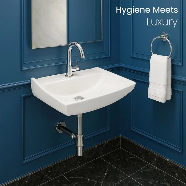 KrissKross Ceramic Rectangular Wall‑Hung Wash Basin | Modern Wall‑Mounted Sink for Bathroom & Living Room | Glossy White, Single Tap Hole | Compact Space‑Saving