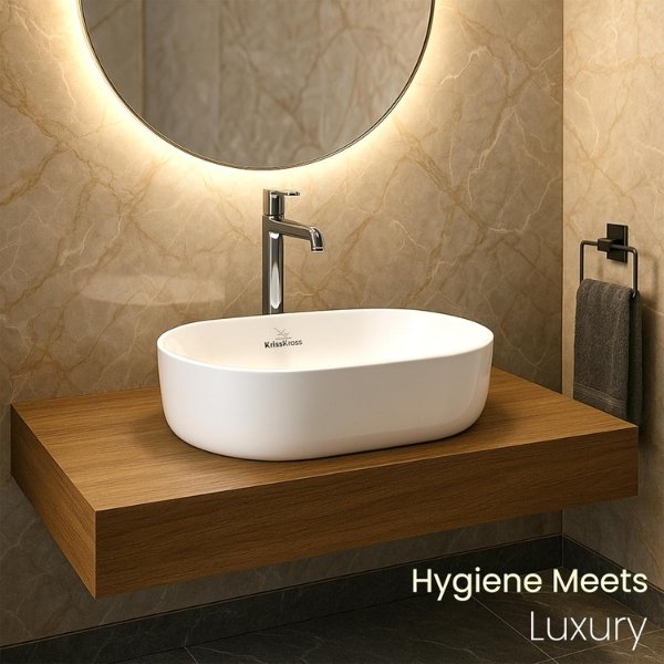 KrissKross Oval Countertop Ceramic Wash Basin, Vessel Sink, Above-Counter Mount, Gloss White, Easy-Clean, Single-Tap Compatible